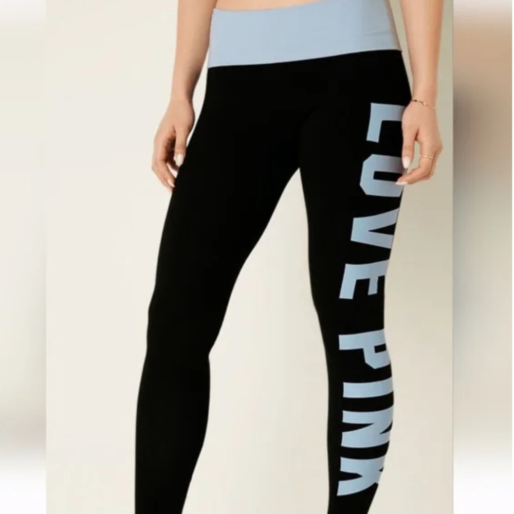 PINK Victoria’s Secret black and light blue fold over leggings size small - NEW